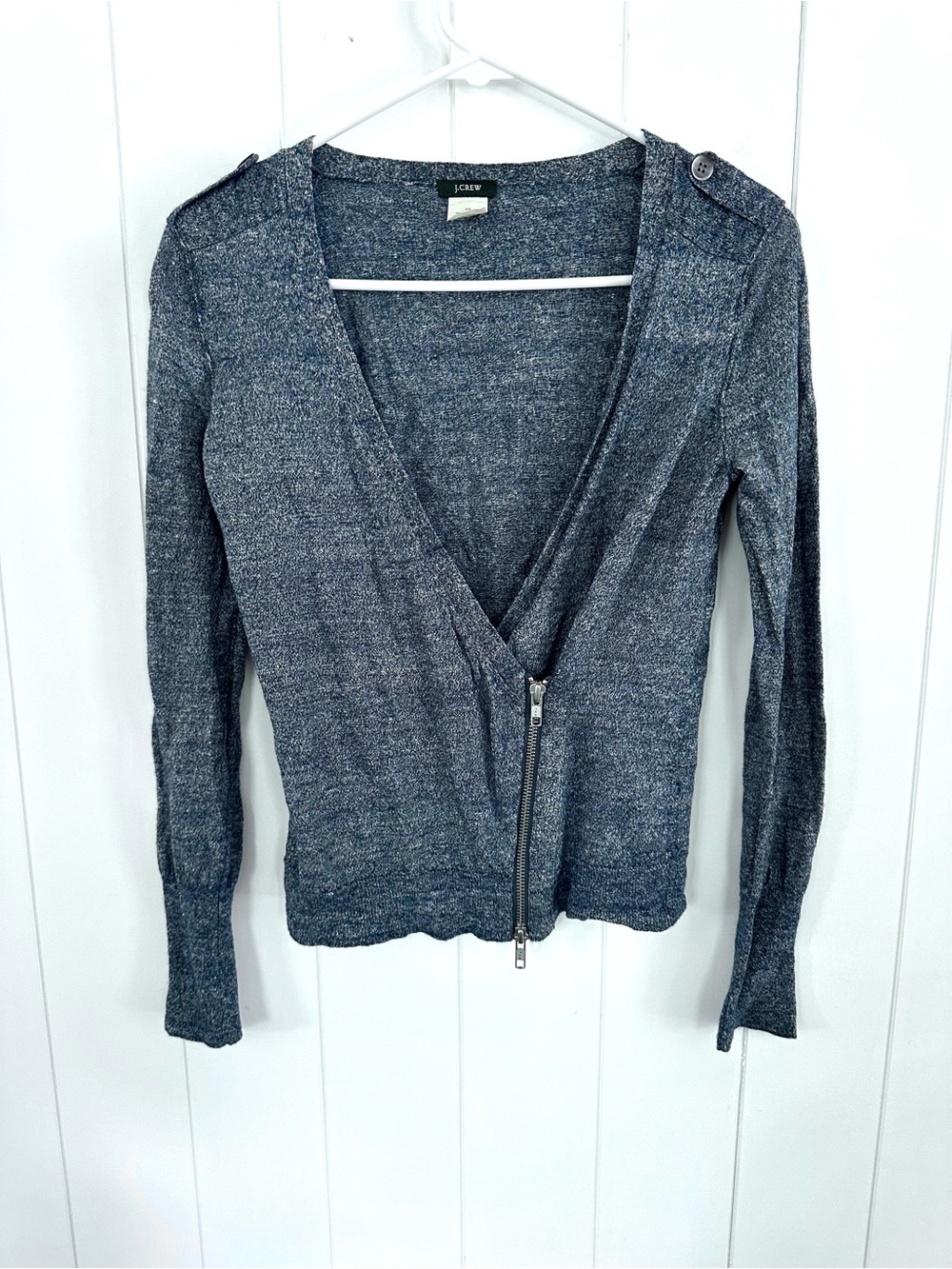 J. Crew Moto Zippered Blue Gray Wool and Linen Wrap Style Cardigan Sweater